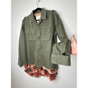 NWT Redemption Handmade Distressed Olive Military Shirt with Plaid Hem 44 / M